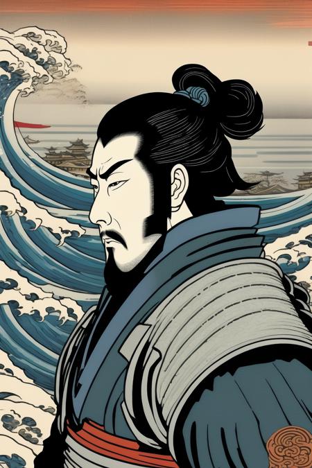 00644-4080018860-_lora_Ukiyo-e Art_1_Ukiyo-e Art - Portrait noble faced ronin samurai black hair wearing armor looking towards the horizon waves.png